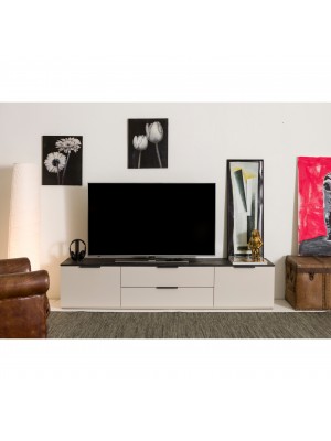 Vista frontale ambientata Base Tv in legno colore "Cashmere/Effetto Marmo Nero" con 2 ante e 2 cassetti modello Teca Totò Piccinni