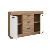 Vista diagonale con ante aperte Credenza da salotto in legno colore "Bianco Matt/Rovere Naturale" modello Silene Totò Piccinni