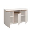Vista diagonale con ante aperte Credenza moderna colore "Bianco Matt/Rovere Naturale" modello Antares Totò Piccinni