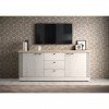 vista ambientata frontale madia in legno 2 ante e 3 cassetti made in italy rovere meringa/rovere cadice modello Icaro Totò Piccinni