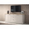 vista ambientata diagonale madia in legno 2 ante e 3 cassetti made in italy rovere meringa/rovere cadice modello Icaro Totò Piccinni