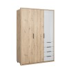 Vista diagonale Armadio in legno colore "Rovere Artisan/Grigio Laccato" con 3 ante e 4 cassetti modello Aura Totò Piccinni