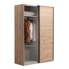 Vista diagonale con anta aperta Armadio classico in legno struttura Rovere Artisan con 2 ante scorrevoli, 1 Rovere Artisan e 1 a specchio modello Sliding Totò Piccinni