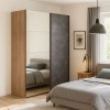 Vista ambientata con ante chiuse Armadio moderno in legno struttura Rovere Artisan con 2 ante scorrevoli, 1 Cemento e 1 a specchio modello Sliding Totò Piccinni