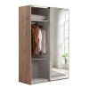Vista diagonale con anta aperta Armadio classico in legno struttura Rovere Artisan con 2 ante scorrevoli,1 Bianco Lucido e 1 a specchio  modello Sliding Totò Piccinni