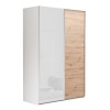 Vista diagonale Armadio in legno struttura Bianca con due ante scorrevoli, 1 Rovere Artisan e 1 Bianco Lucido modello Sliding Totò Piccinni