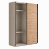Vista diagonale con anta aperta Armadio in legno struttura Cashmere con 2 ante scorrevoli a cashmere lucido e rovere artisan modello Sliding Totò Piccinni