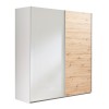 Vista diagonale Armadio in legno struttura Bianco con due ante scorrevoli, 1 Bianco Lucido e 1 Rovere Artisan modello Sliding Totò Piccinni