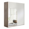 Vista diagonale Armadio moderno in legno con struttura Noce Brera, 2 ante scorrevoli 1 Bianco Opaco e 1 Specchio modello Sliding Totò Piccinni