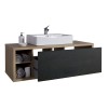 Vista diagonale con ante aperte Mobile lavabo in legno colore "Rovere Artisan/Nero Chalet" modello Nexus Totò Piccinni