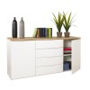 Vista diagonale Mobile contenitore in legno colore "Bianco Laccato/Rovere Miele" con 4 cassetti e 2 ante modello Orbis Totò Piccinni