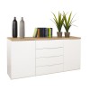 Vista diagonale Mobile contenitore con ante in legno colore "Bianco Laccato/Rovere Miele" con 4 cassetti e 2 ante modello Orbis Totò Piccinni
