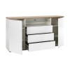Vista diagonale Mobile contenitore con cassetti  in legno colore "Bianco Laccato/Rovere Riviera" 3 cassetti 2 ante e 1 vano modello Orbis Totò Piccinni