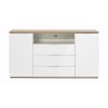 Vista frontale Mobile contenitore moderno  in legno colore "Bianco Laccato/Rovere Riviera" 3 cassetti 2 ante e 1 vano modello Orbis Totò Piccinni