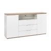 Vista diagonale Mobile contenitore in legno colore "Bianco Laccato/Rovere Riviera" 3 cassetti 2 ante e 1 vano modello Orbis Totò Piccinni