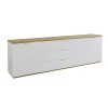 Vista diagonale Mobile porta tv in legno colore "Bianco Laccato/Rovere Miele" con 2 ante e 3 cassetti modello Orbis Totò Piccinni