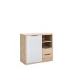 Vista diagonale Mobile multiuso in legno colore "Rovere Artisan/Grigio Laccato" con 1 anta, 2 cassetti e 2 vani modello Aura Totò Piccinni
