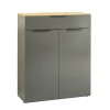 Vista diagonale Mobile contenitore moderno in legno colore "Grigio Laccato/Rovere Miele" 1 cassetto e 2 ante modello Zenit Totò Piccinni