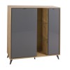 Vista diagonale Madia moderna in legno colore "Grigio Titanio/Rovere Miele" 2 ante, 3 vani 2 ripiani modello Lumen Totò Piccinni