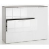 Vista diagonale con cassetto aperto Mobile contenitore in legno colore "Cemento/Bianco Laccato" con 3 cassetti e 1 anta modello Zenit Totò Piccinni