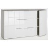 Vista diagonale con anta aperta Mobile contenitore moderno in legno colore "Cemento/Bianco Laccato" con 3 cassetti e 2 ante modello Zenit Totò Piccinni