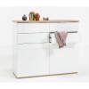 Vista diagonale Mobile contenitore moderno  in legno colore "Bianco Laccato/Rovere Riviera" con 4 cassetti e 2 ante modello Orbis Totò Piccinni
