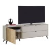 Vista diagonale con tv e anta aperta Porta TV Cashmere/Rovere Cannettato 1 anta 2 cassetti modello Mandala Totò Piccinni
