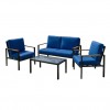 Set da giardino in alluminio con divano 2 posti, 2 poltrone e tavolino con cuscini blu modello Riviera Totò Piccinni