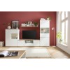 Vista ambientata Mobile contenitore con ante in legno colore "Bianco Laccato/Rovere Riviera" con 2 ante con vano e ripiano in vetro modello Orbis Totò Piccinni