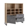Vista diagonale con ante aperte Libreria a giorno in legno colore "Rovere Artisan/Grigio Cemento" 1 ante e 2 cassetti modello Sylva Totò Piccinni
