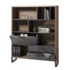 Vista diagonale Libreria a giorno in legno colore "Rovere Invecchiato/Grigio Cemento" con 2 cassetti, 8 vani e 1 ribalta modello Sylva Totò Piccinni