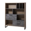 Vista diagonale Mobile libreria in legno colore "Rovere Invecchiato/Grigio Cemento" con 2 cassetti, 8 vani e 1 ribalta modello Sylva Totò Piccinni