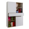 Vista diagonale con cassetto aperto Libreria in legno colore "Bianco Laccato/Rovere Artisan" 2 ante scorrevoli e 1 cassetto modello Apex Totò Piccinni