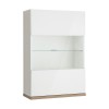 Vista diagonale Pensile sospeso in legno colore "Bianco Laccato/Rovere Miele" con 1 anta in vetro modello Orbis Totò Piccinni