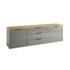 Vista diagonale Porta tv in legno colore "Grigio Laccato/Rovere Miele" con 2 ante e 3 cassetti modello Zenit Totò Piccinni