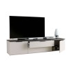 Vista diagonale con cassetto e anta aperti Base Tv in legno colore "Cashmere/Effetto Marmo Nero" con 2 ante e 2 cassetti modello Teca Totò Piccinni