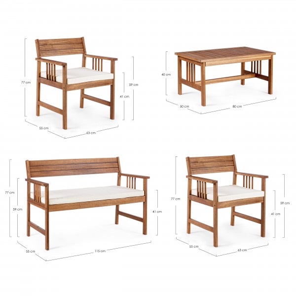 set salottino da giardino in legno di acacia con cuscini ecru specifica delle dimensioni odello Noemi Totò Piccinni