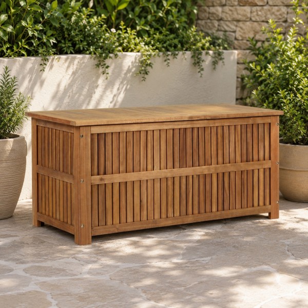 Vista ambientata Baule porta cuscini in legno d'acacia da esterno modello Noemi Totò Piccinni