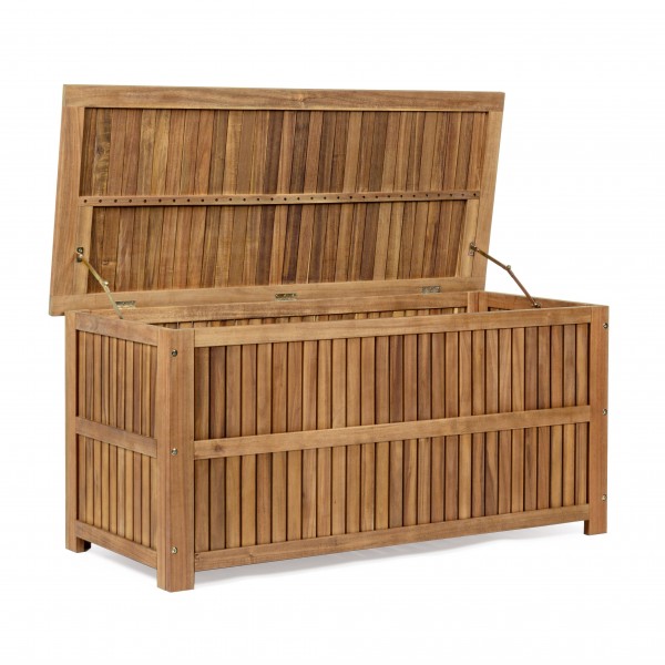 Vista diagonale aperto Baule porta cuscini in legno d'acacia da esterno modello Noemi Totò Piccinni