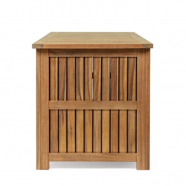 Vista laterale Baule porta cuscini in legno d'acacia da esterno modello Noemi Totò Piccinni
