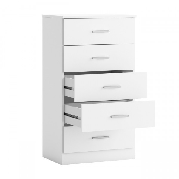 Vista diagonale con cassetti aperti Comò in legno colore Bianco con 5 cassetti design moderno Totò Piccinni