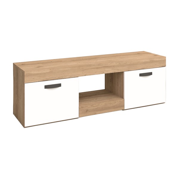 Vista diagonale Porta tv moderno in legno colore "Bianco Matt/Rovere" modello Silene Totò Piccinni