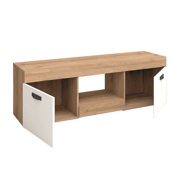 Vista diagonale con ante aperte Porta tv da salotto moderno in legno colore "Bianco Matt/Rovere" modello Silene Totò Piccinni