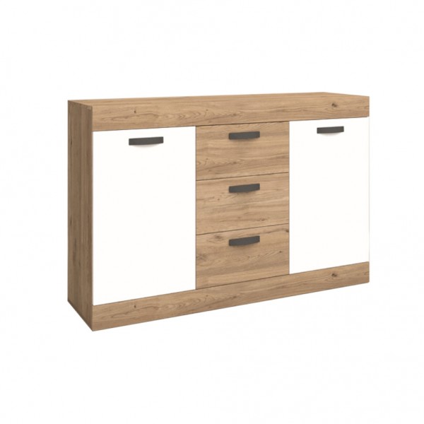 Vista diagonale Credenza moderna in legno colore "Bianco Matt/Rovere Naturale" modello Silene Totò Piccinni