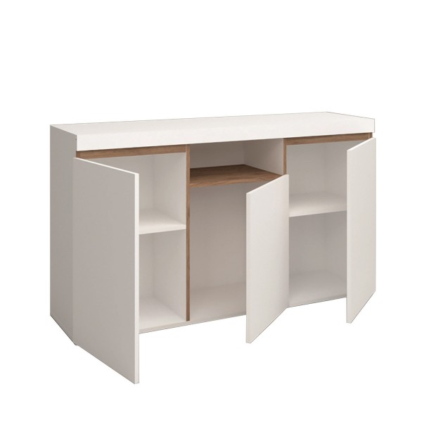 Vista diagonale con ante aperte Credenza moderna colore "Bianco Matt/Rovere Naturale" modello Antares Totò Piccinni