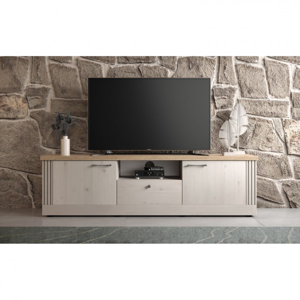 vista ambientata frontale mobile porta tv in legno 2 ante e 1 cassetto made in italy rovere meringa/rovere cadice modello Icaro Totò Piccinni