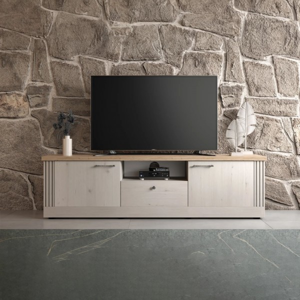 vista ambientata frontale mobile porta tv in legno 2 ante e 1 cassetto made in italy rovere meringa/rovere cadice modello Icaro Totò Piccinni