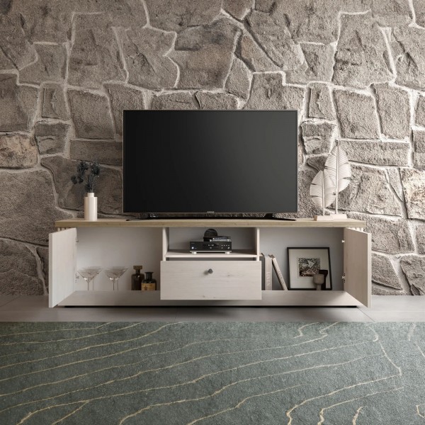 vista ambientata frontale con ante aperte mobile porta tv in legno 2 ante e 1 cassetto made in italy rovere meringa/rovere cadice modello Icaro Totò Piccinni