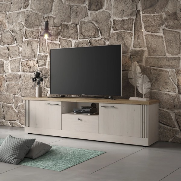 vista ambientata diagonale mobile porta tv in legno 2 ante e 1 cassetto made in italy rovere meringa/rovere cadice modello Icaro Totò Piccinni