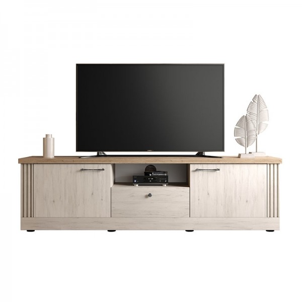 vista frontale mobile porta tv in legno 2 ante e 1 cassetto made in italy rovere meringa/rovere cadice modello Icaro Totò Piccinni